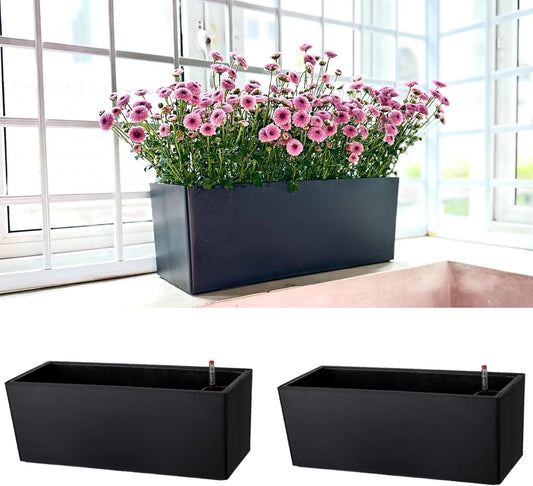 LaLaGreen Planter Box for Indoor Plants (2 Pack, 14 Inch) Black Rectangular Self Watering Flower Pot, Window Boxes Planters with Drainage Decorative Modern Balcony Windowsill Herb Home Garden Kitchen