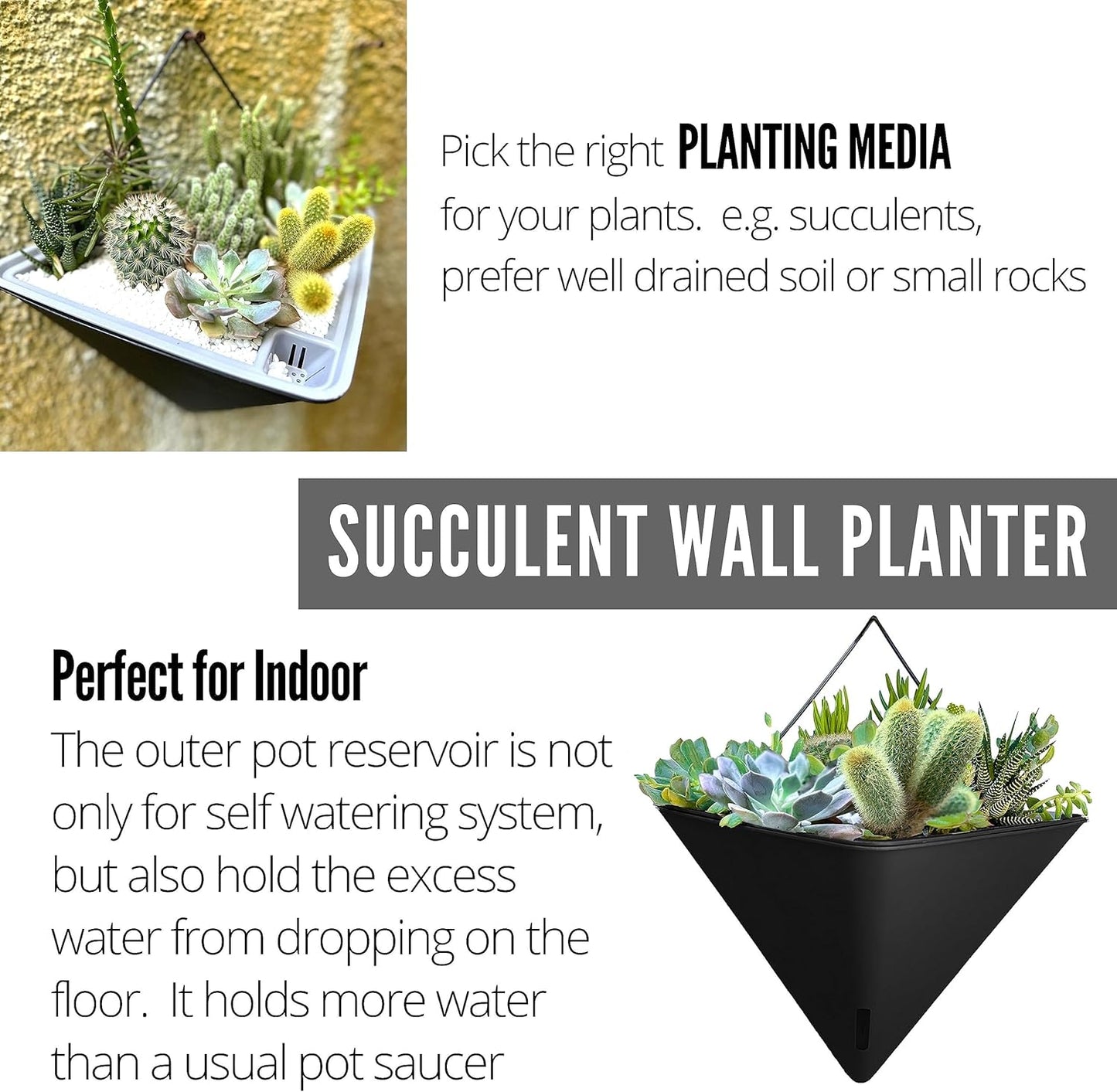 LaLaGreen Wall Planters for Indoor Plants - 4 Pack, 12 Inch Large Self Watering Black and White Mixed Color Geometric Indoor Vertical Garden Wall Hanging Flower Vase Vessel with Metal Hanger Stylish