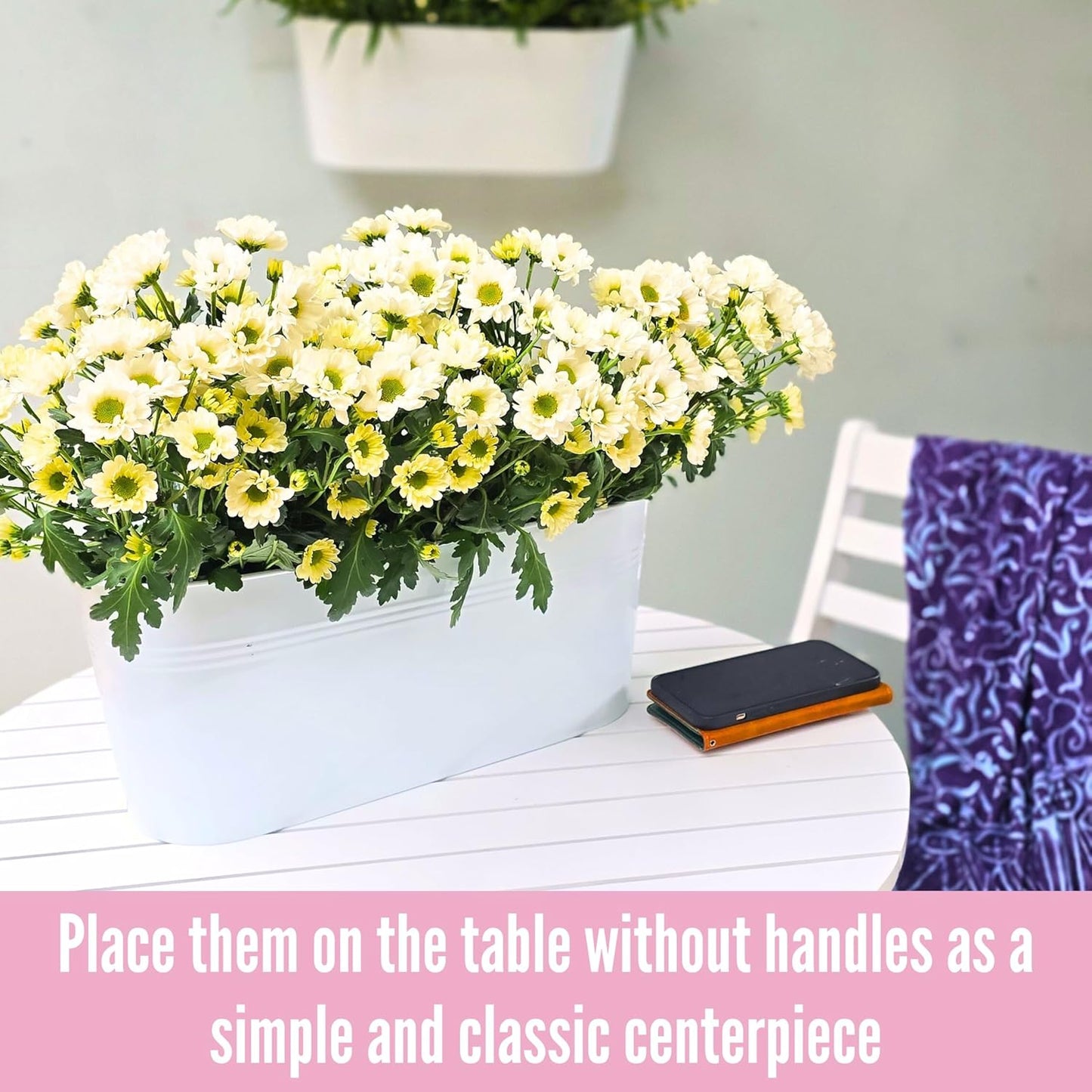 LaLaGreen Outdoor Plants Rail Planter (2 Pack, 15 Inch) White Metal Iron Hanging Flower Pot Deck Railing Fence Bucket Modern Boho Style Wall Mount Window Box Plant Holder Hooks Porch Herb Garden Decor