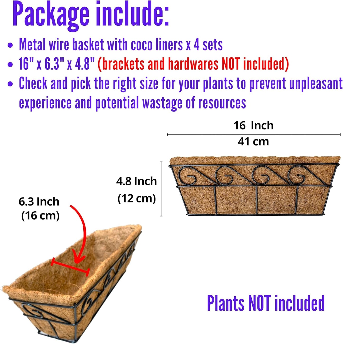 LaLaGreen Wall Mounted Planters - 16 Inch, 4 Pack Window Flower Boxes Basket Outdoor, Balcony Planter Over The Rail, Deck Railing Hanging with Coco Liners, Metal Horse Troughs Fence Patio Porch