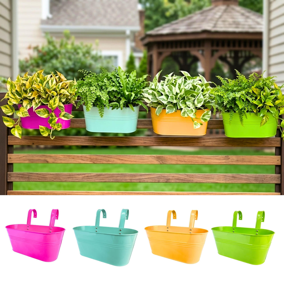 LaLaGreen Colorful Oval Metal Railing Planter Boxes