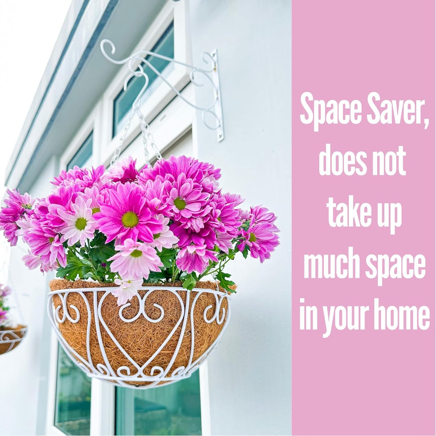 LaLaGreen Hanging Baskets for Plants (4 Pack, 14 Inch) Hanging Flower Pots with Coco Liner, White Metal Wire Round Basket Plant Holder with Hanger Hook Chain Outdoor Deck Patio Balcony Garden Decor