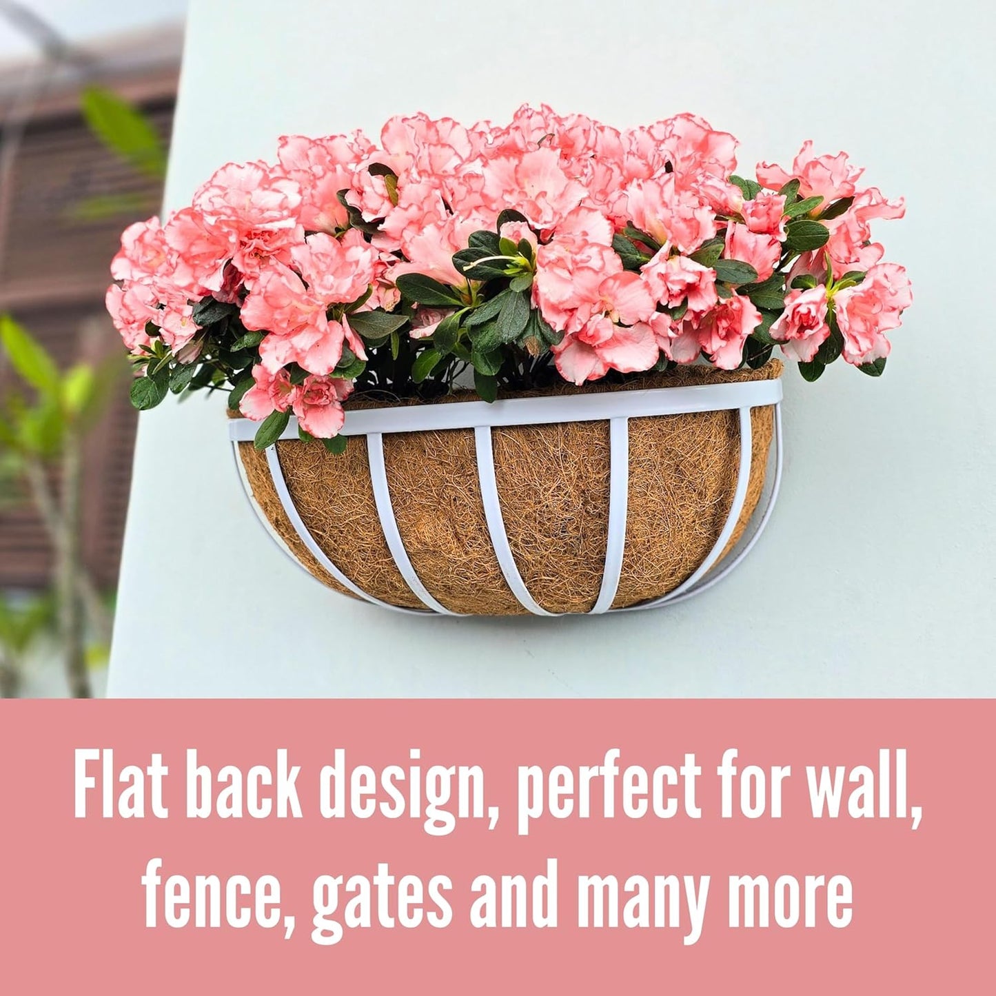 LaLaGreen Window Planter Box (16 Inch, 2 Pack) White Metal Deck Railing Flower Boxes with Coco Liners, Rectangular Wall Planters for Outdoor Plants Horse Troughs Fence Balcony Garden Herb Patio Porch