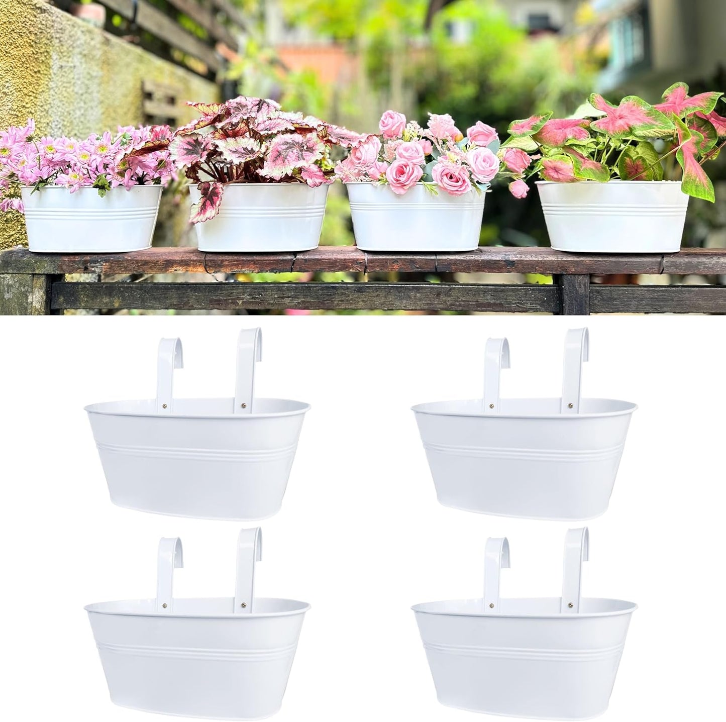 LaLaGreen Rail Planters for Outdoor (4 Pack, 11.2 Inch) White Metal Iron Hanging Flower Pots, Deck Railing Fence Bucket Strawberry Planter Wall Mount Window Box Plant Holder with Hooks Porch Decor