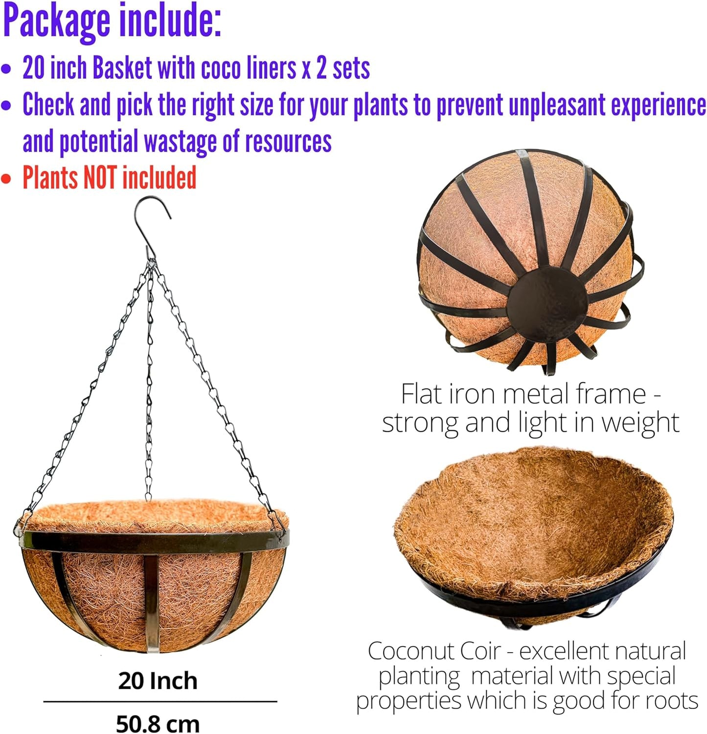 LaLaGreen Outdoor Hanging Baskets for Plants (2 Pack, 20 Inch) Extra Large Black Metal Flat Iron Hanging Planters with Coco Liner Round Flower Pot Holder Hanger Deck Porch Modern Garden Balcony Decor