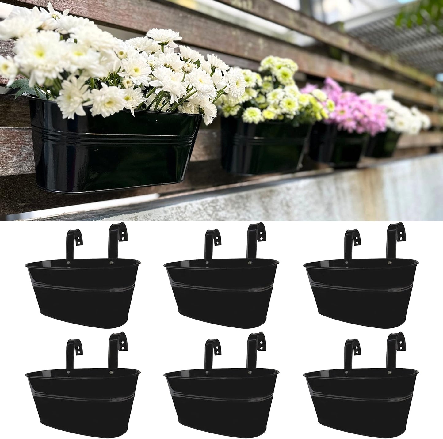 LaLaGreen Rail Planter Outdoor Plants (2 Pack, 9.8 Inch) Small and Cute Metal Iron Hanging Flower Pots Deck Railings Black Fence Bucket, Boho Style Wall Mount Window Box Plant Holder Hooks Porch Decor