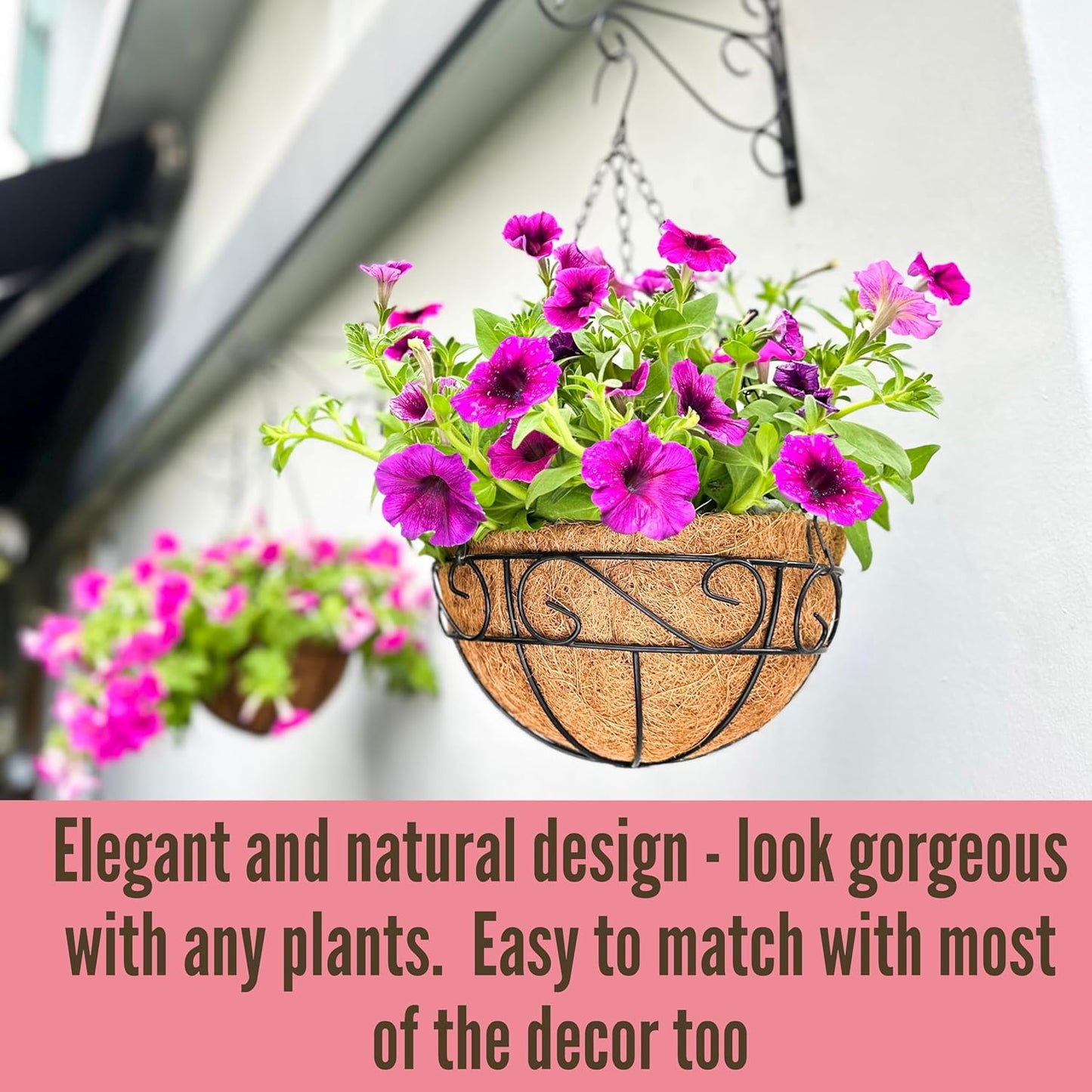 LaLaGreen Hanging Planter for Outdoor Plants (16 Inch, 2 Pack) Hanging Baskets with Coco Liner, Black Metal Wire Flower Basket Pots with Hook Hanger Balcony Porch Farmhouse Country Style Garden Decor