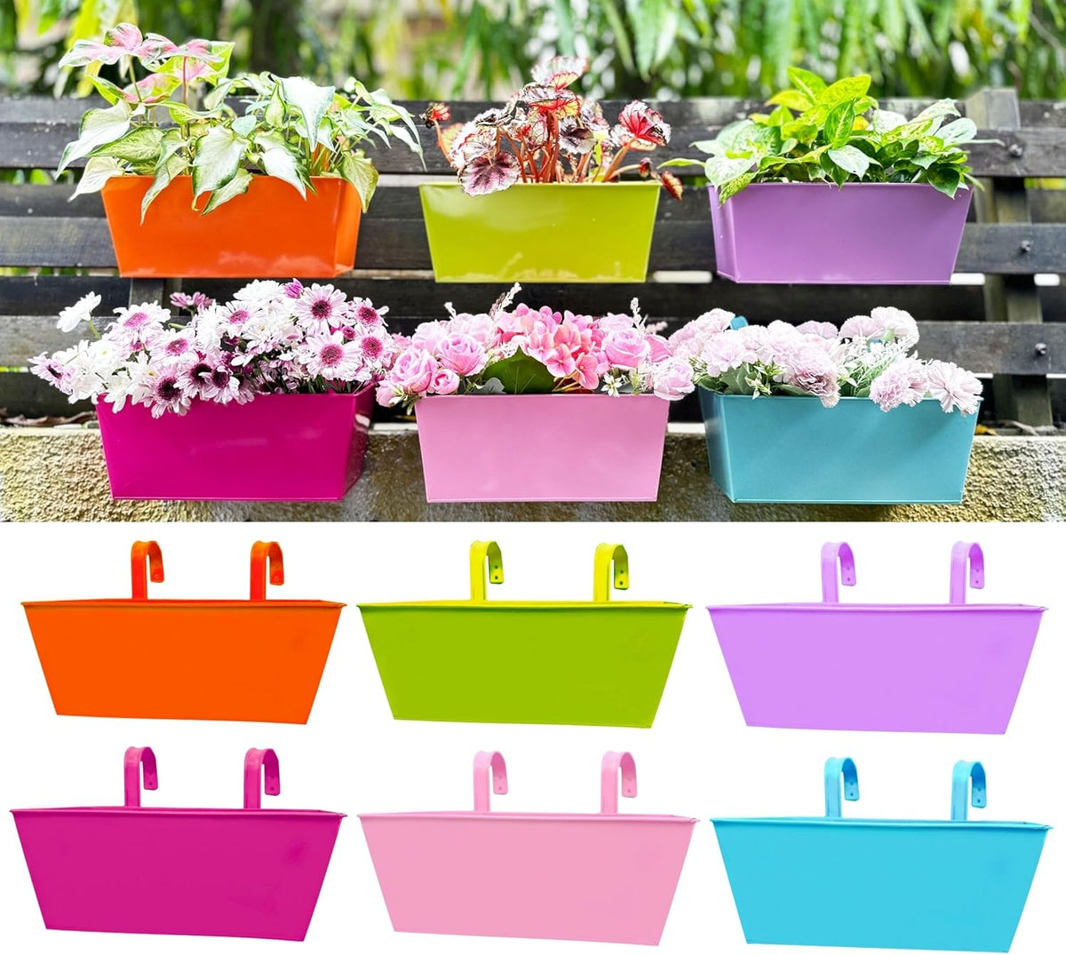LaLaGreen Rectangular Metal Railing Planter Boxes