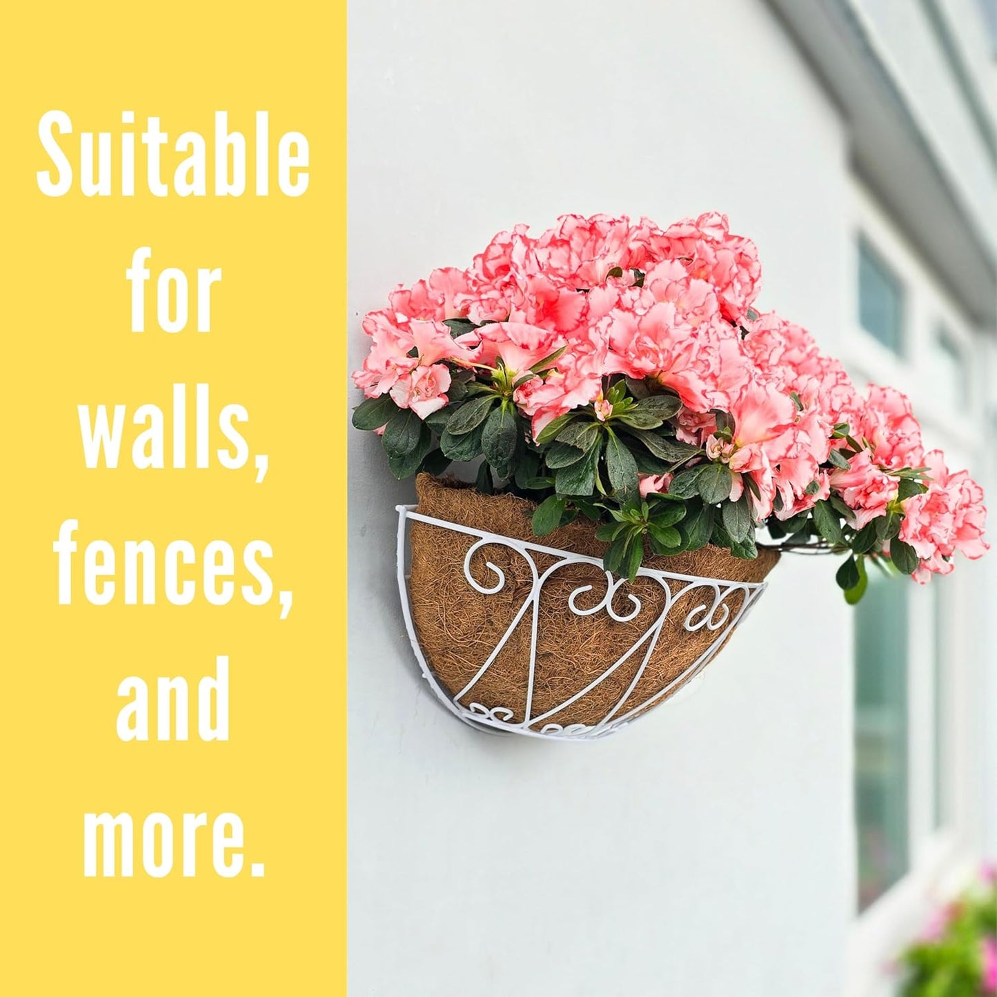 LaLaGreen Outdoor Wall Planters (2 Pack, 16 Inch) White Metal Wall Mounted Hanging Basket with Coco Liner, Large Flower Pot Plant Holder Planter for Fence Railing Deck Porch Balcony Modern Home Decor