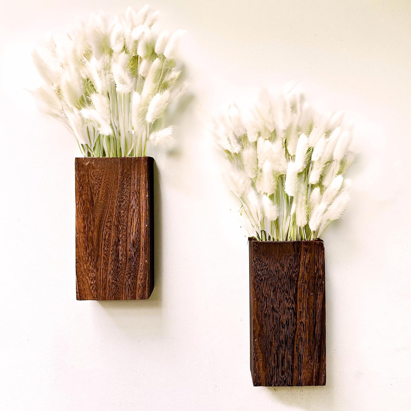 LaLaGreen Wood Wall Planters (2 Pack, 8 Inch), Include Bunny Tails Dried Flowers, Hanging Planter Wooden Box Vase for Indoor Modern Rustic Farmhouse Decor Home Living Room Bathroom Trendy Decoration