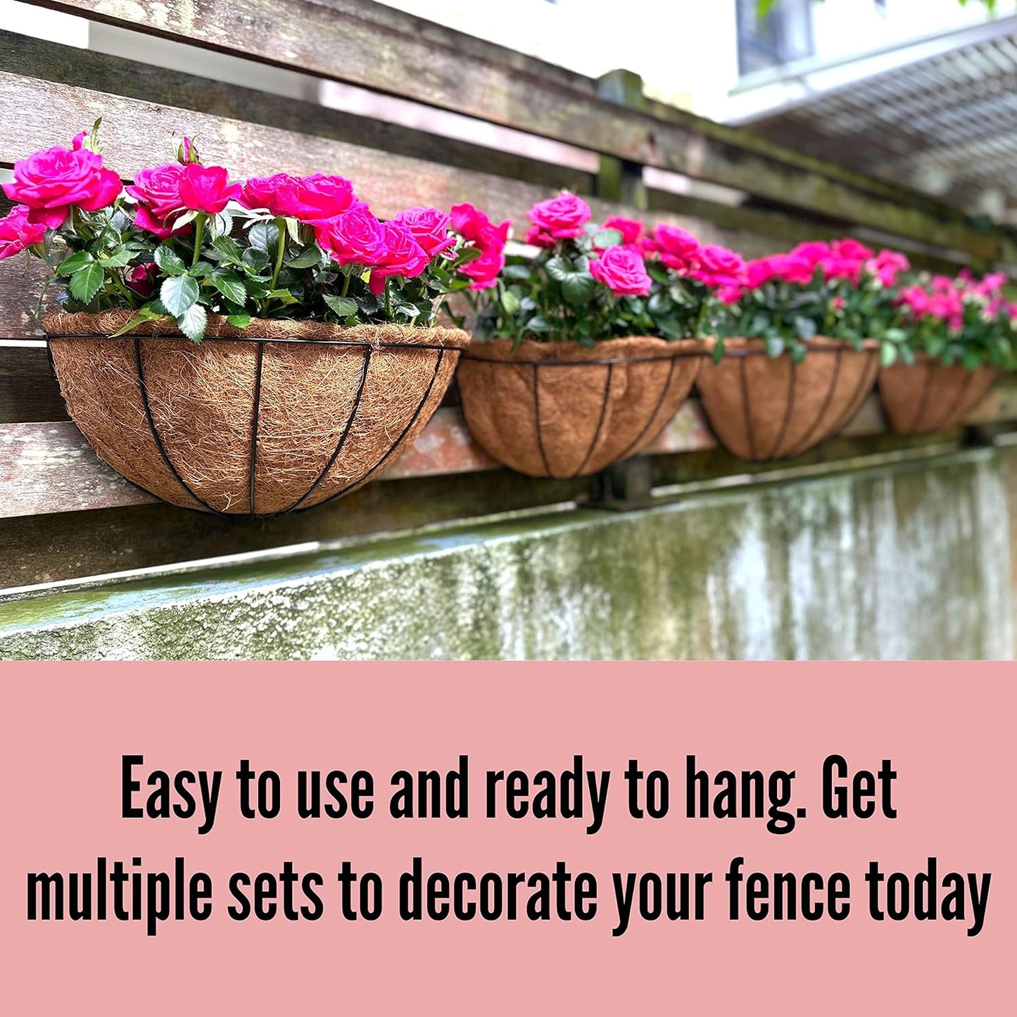 LaLaGreen Wall Planters for Outdoor Plants, 4 Pack, 12 Inch Half Round Plant Holder with Coco Liner, Metal Wire Flower Herb Baskets Window Boxes Outside Fence Railing Pots Deck Porch Balcony Garden