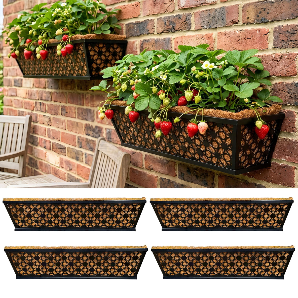 LaLaGreen Flower Wall Planter (12 in, 2 Pack) Black Metal Window Boxes