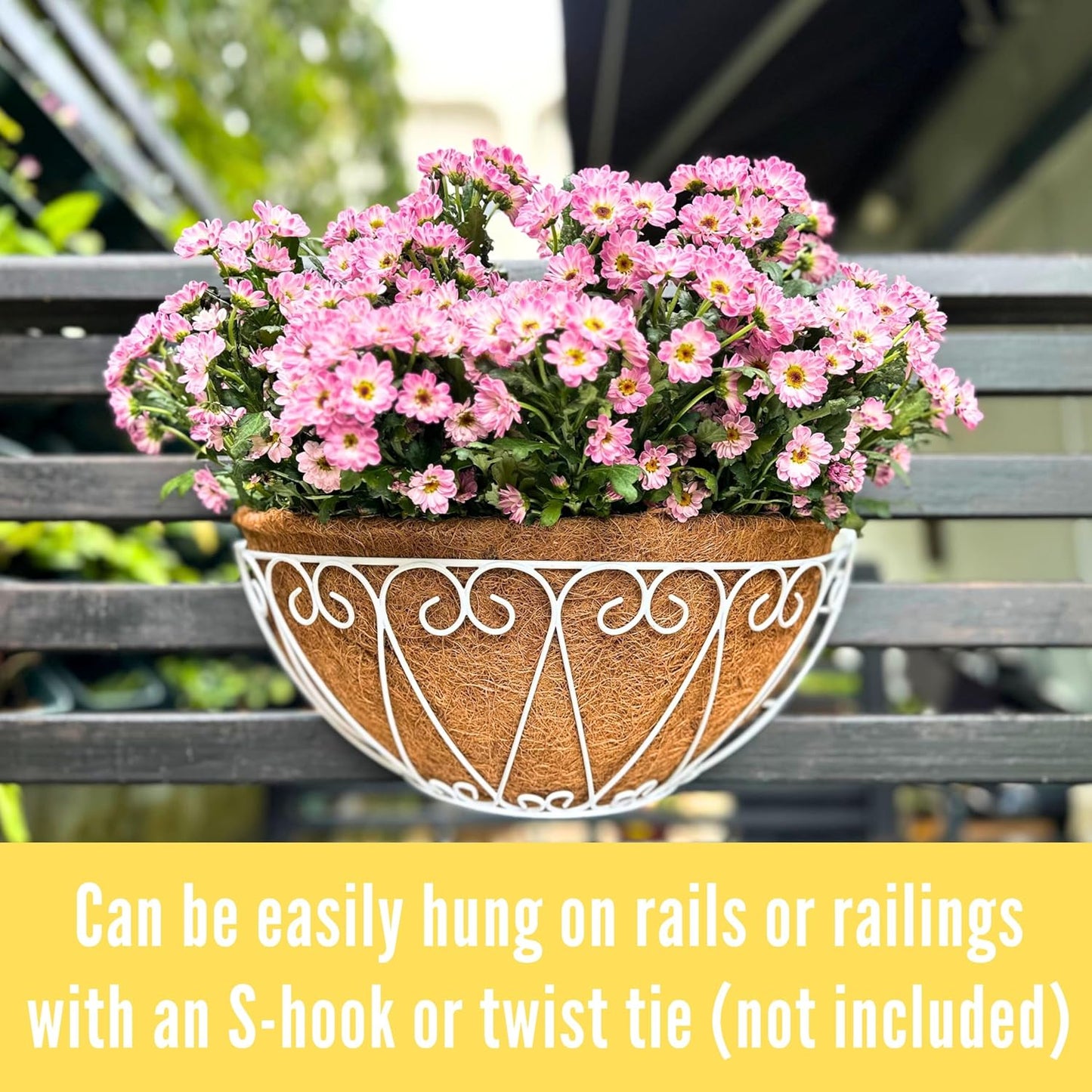 LaLaGreen Outdoor Wall Planters (2 Pack, 16 Inch) White Metal Wall Mounted Hanging Basket with Coco Liner, Large Flower Pot Plant Holder Planter for Fence Railing Deck Porch Balcony Modern Home Decor