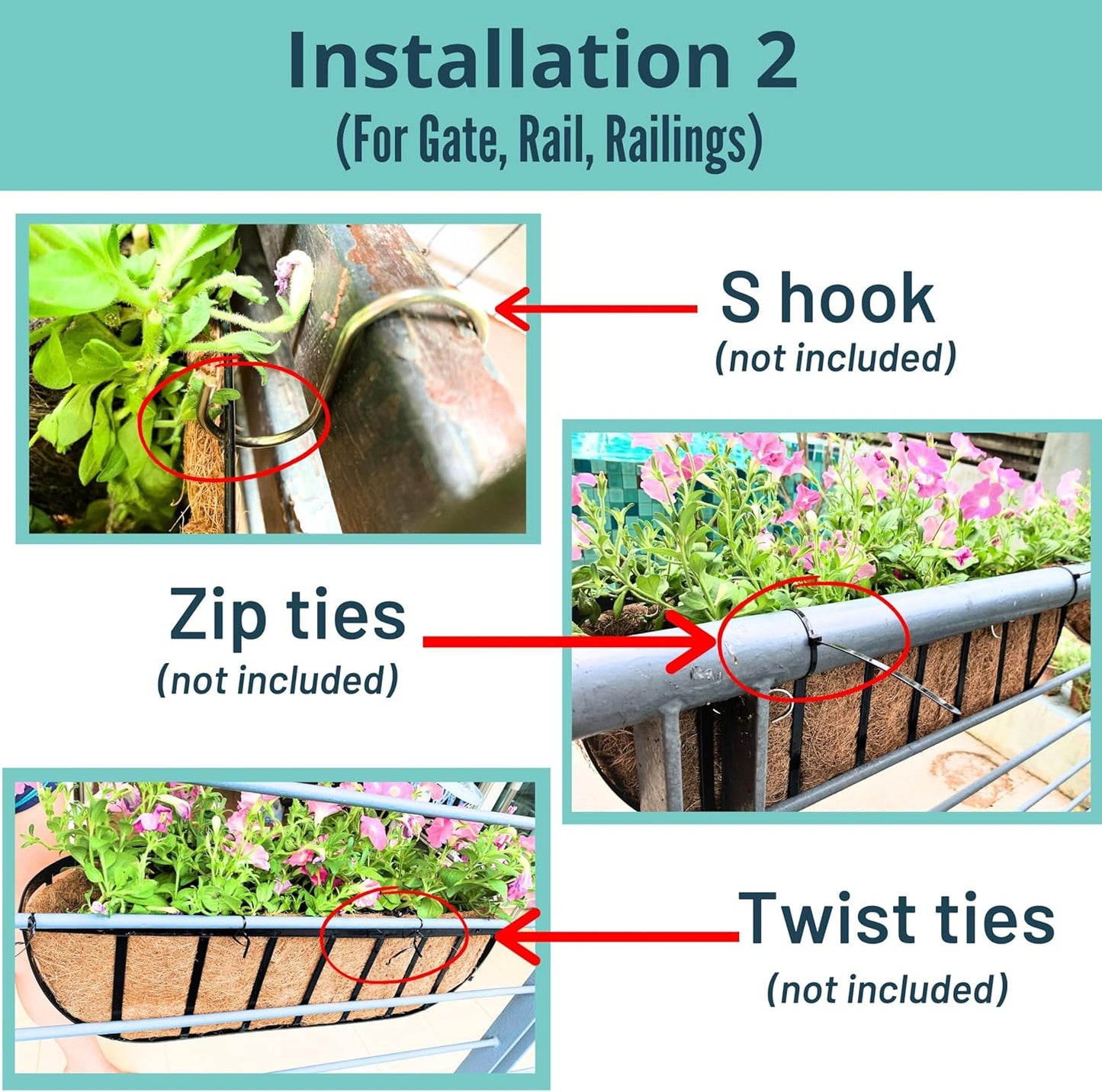 LaLaGreen Deck Railing Planter Box - 2 Pack, 36 Inch Large Wall Planters for Outdoor Plants, Window Flower Boxes Attach House with Coco Liners Metal Horse Troughs Fence Balcony Patio Porch Over Rail