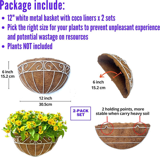 LaLaGreen Wall Mounted Flower Baskets (2 Pack, 12 Inch) Wall Hanging Planter with Coco Liner for Outdoor Plants, White Metal Wire Elegant Herb Pots Holder Fence Railing Deck Porch Balcony Garden Patio