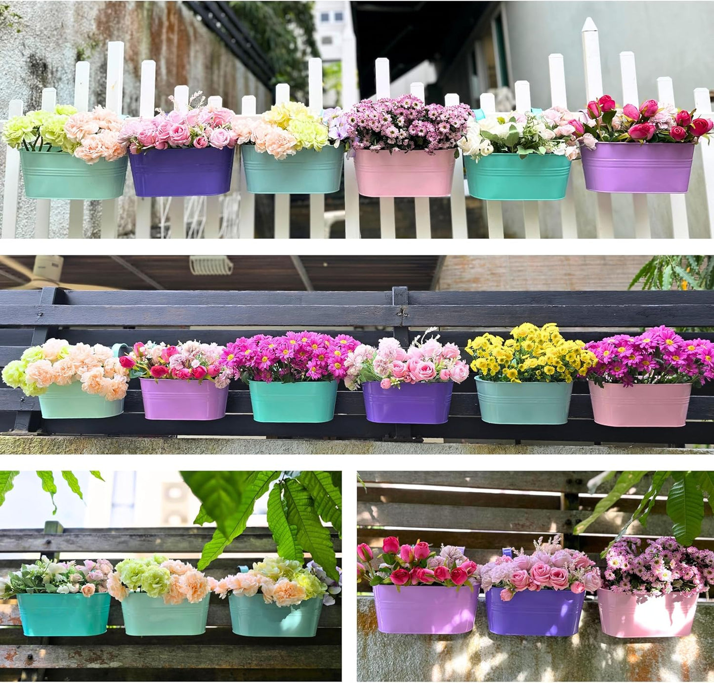 LaLaGreen Outdoor Hanging Planter (11.2 Inch, 6 Pack) Light Pink, Light Purple, Turquoise, Light Blue, Dark Purple, Cadet Blue Metal Iron Window Box Flower Pot Deck Railings Fence Porch Garden Decor