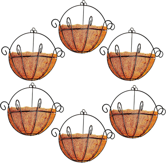ShopLaLa Wall Hanging Planter for Outdoor Plants (6 Pack, 12 Inch) Wall Mounted Flower Baskets with Coco Liner for Outside Plant Fence Railings Pots Holder Balcony Deck Porch Modern Home Garden Decor