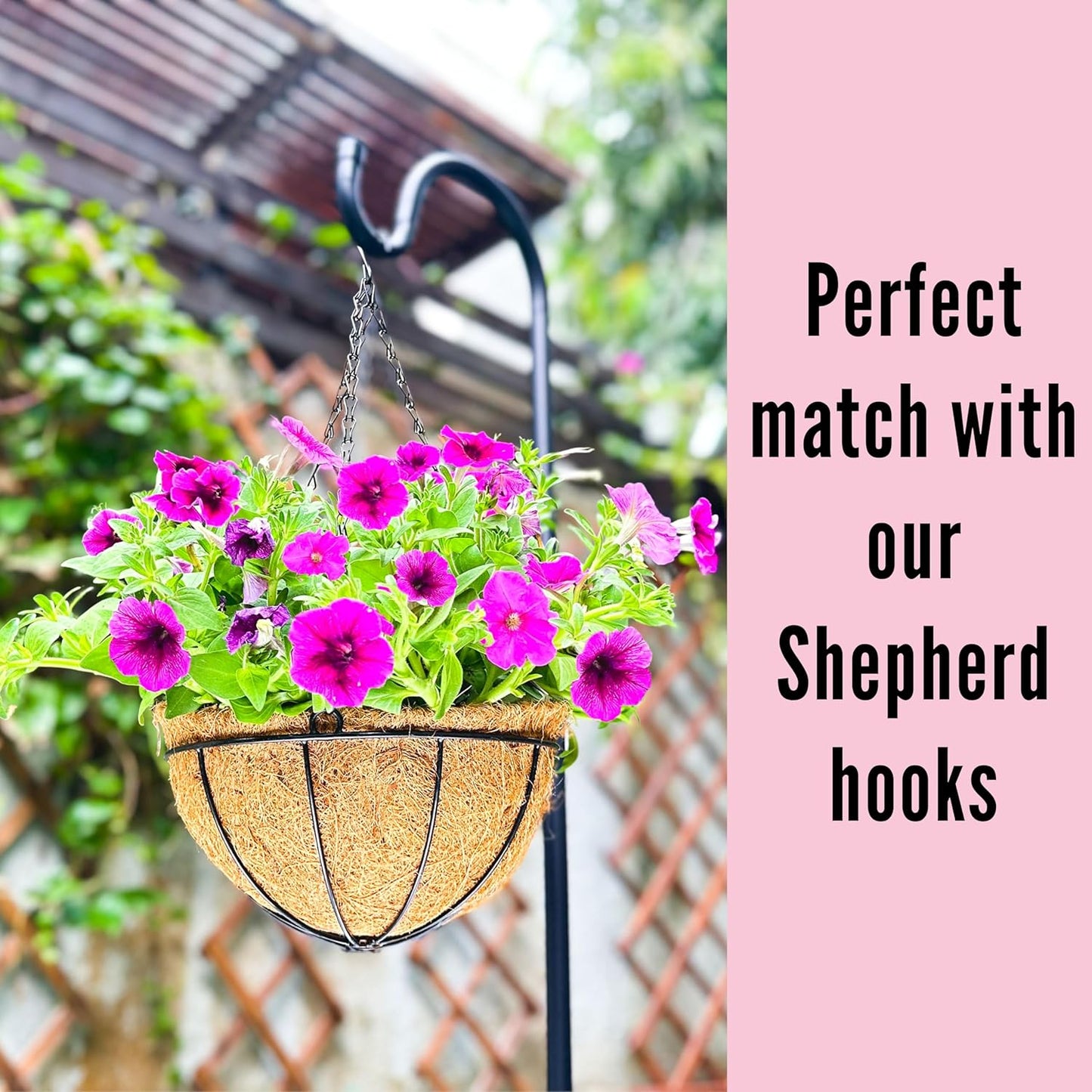 LaLaGreen Hanging Baskets for Plant Outdoor (16 Inch, 4 Pack) Extra Large Hanging Planter with Coco Liner Black Round Metal Wire Flower Pot Holder Hanger Deck Porch Garden Balcony Rustic Country Decor