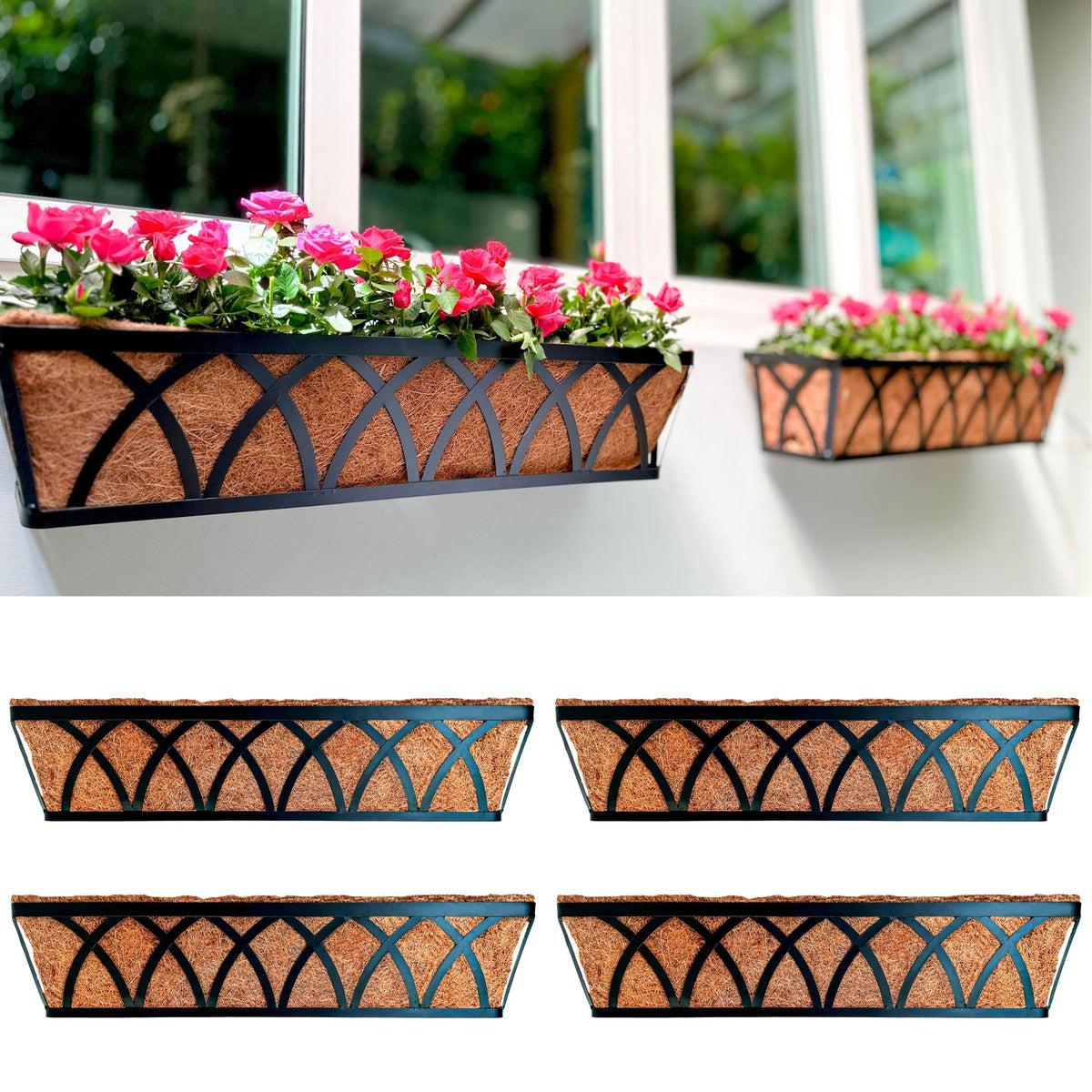 LaLaGreen Wall Planter (2 Pack, 24 Inch) Large Wall Hanging Planter Coco Liner Metal Iron Window Flower Boxes Outdoor Basket Box Attach House Outside Fence Rail Railing Plant Holder Deck Porch Balcony