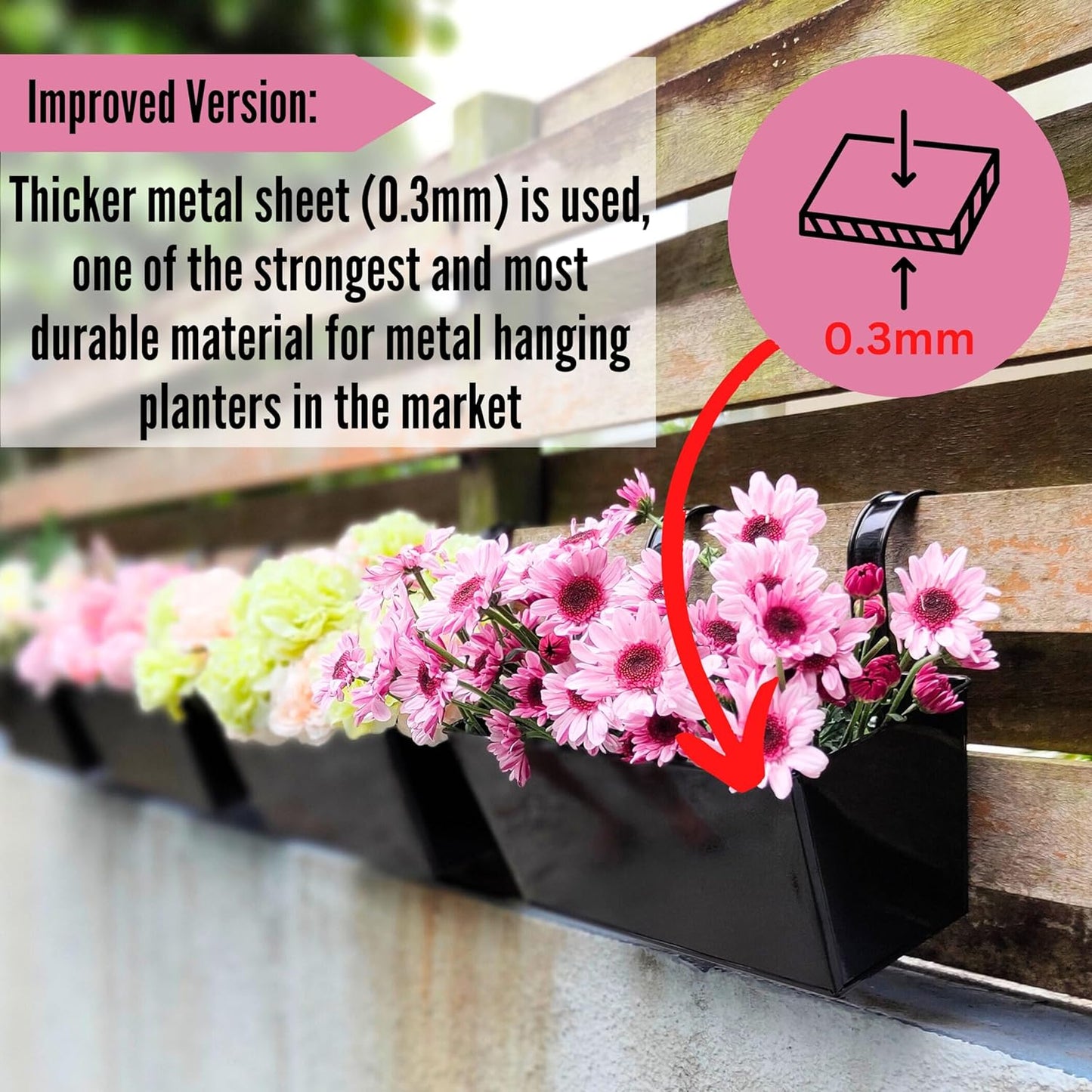 LaLaGreen Railing Planter Box (6 Pack, 12 Inch) Outdoor Black Metal Rectangle Strawberry Hanging Bucket Balcony Garden Fence Deck Flower Pots Boho Countryside Style Patio Living Wall Window Sill Decor