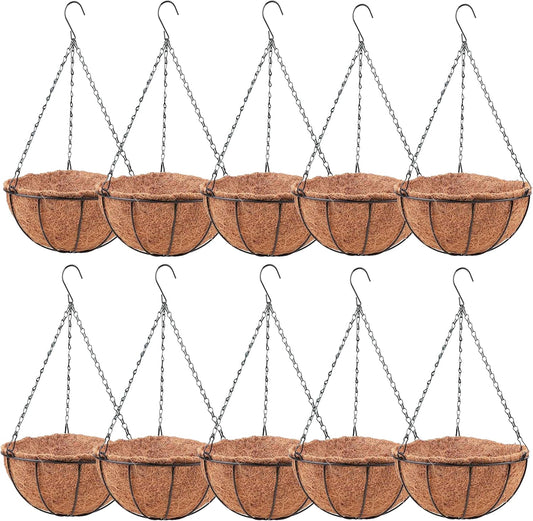 LaLaGreen Hanging Baskets for Outdoor Plants (14 Inch, 10 Pack) Large Hanging Planter with Coco Liner Round Flower Pots, Black Metal Wire Plant Holder Hook Deck Porch Garden Balcony Farmhouse Decor