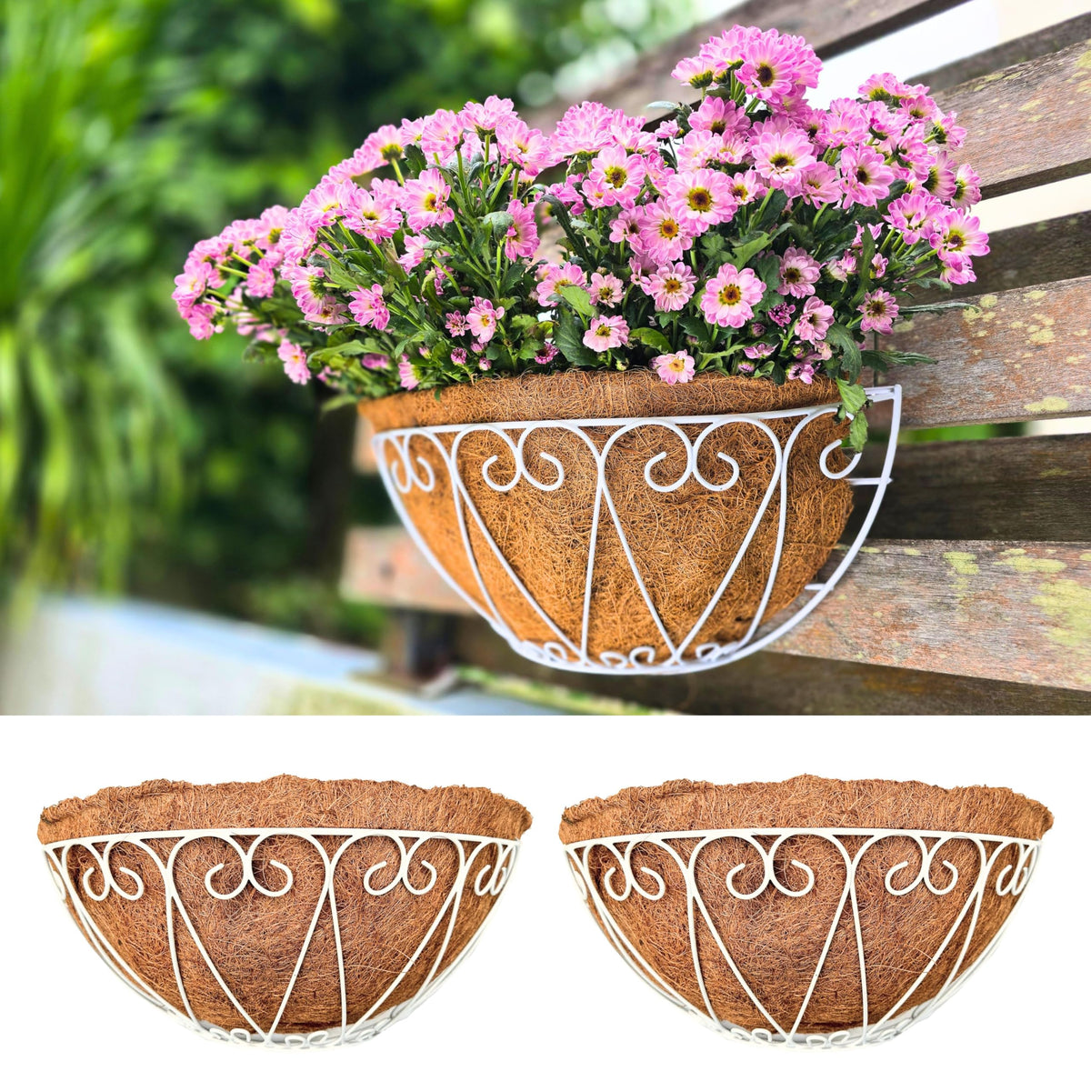 LaLaGreen Balcony Wall Planter (12 in, 2 Pack) White Coco Liner Flower Pots