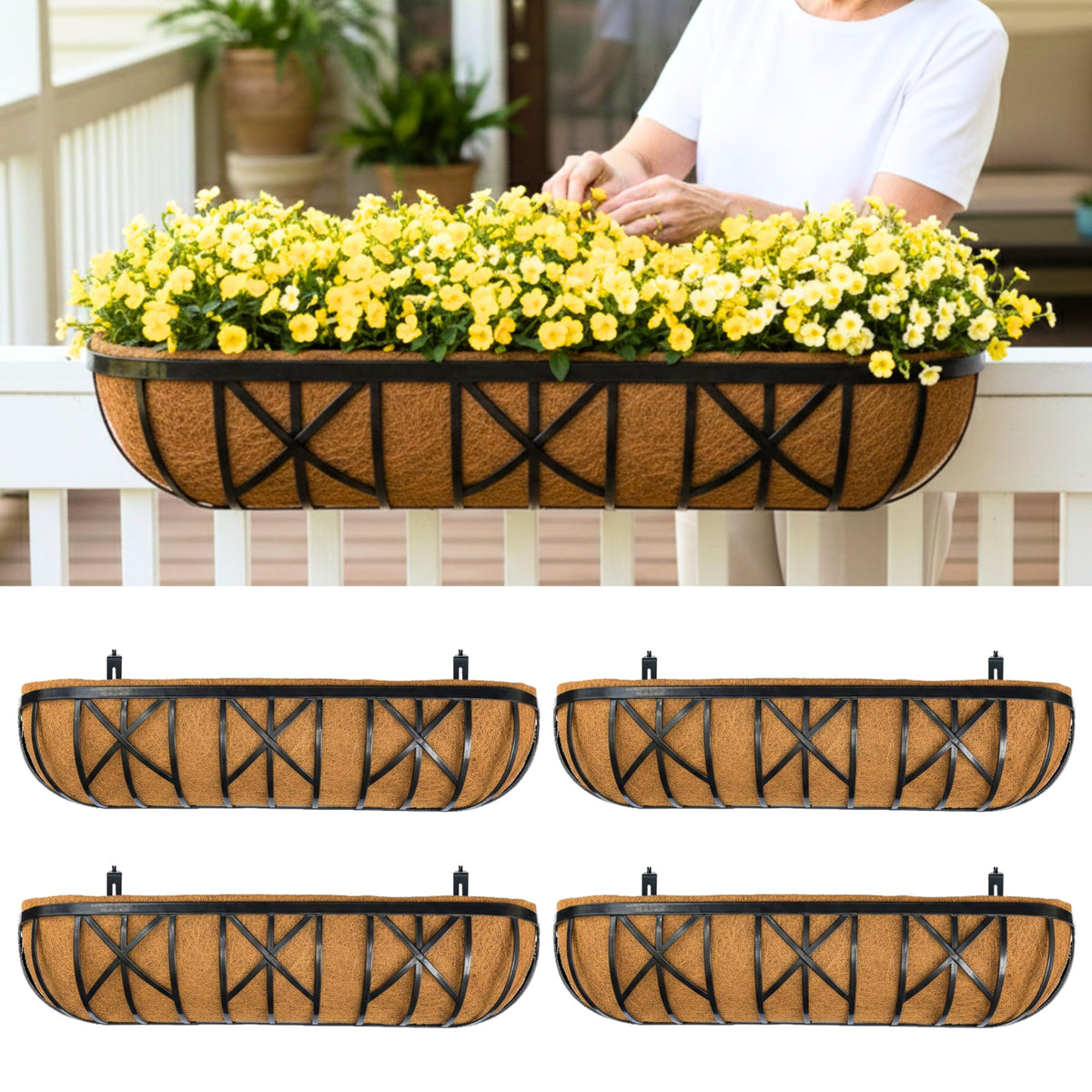 LaLaGreen 36 Inch, 4 Pack Railing Planters with Coir Liner – Large Black Metal Window Boxes with Adjustable Brackets for Wall Mounting, Herb Pots, Balcony & Fence Planter for Patio, Porch, Garden