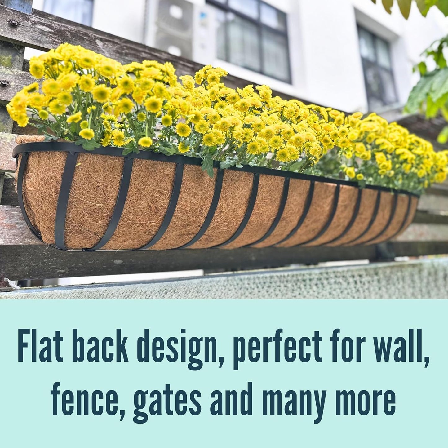 LaLaGreen Wall Hanging Planter Outdoor (48 Inch, 2 Pack) Large Window Flower Box with Coco Liners, Black Metal Rectangular Plant Holder Attach to House Horse Trough Fence Balcony Modern Porch Patio