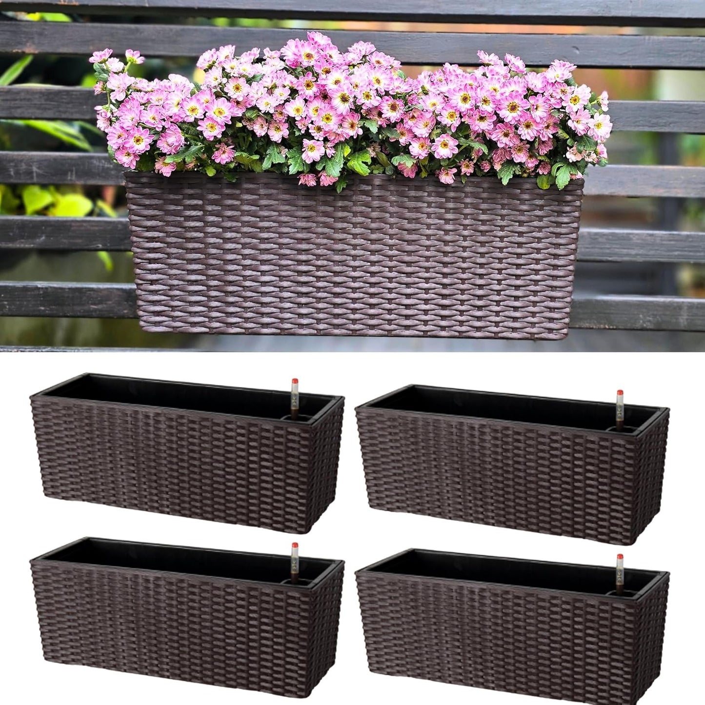 LaLaGreen Outdoor Rail Planter for Balcony (2 Pack, 20 Inch) Large Black Self Watering Railing Planters with Brackets, Rectangular Plastic Window Flower Box Fence Designer Choice with Rattan Pattern