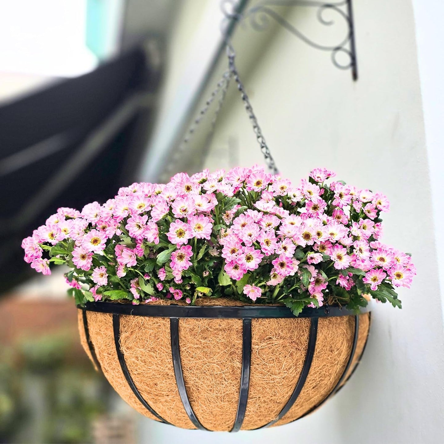 LaLaGreen Outdoor Hanging Baskets for Plants (2 Pack, 20 Inch) Extra Large Black Metal Flat Iron Hanging Planters with Coco Liner Round Flower Pot Holder Hanger Deck Porch Modern Garden Balcony Decor