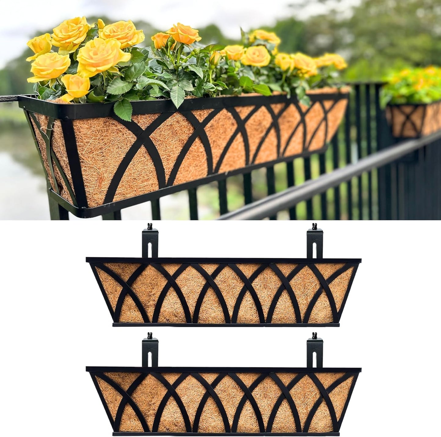 LaLaGreen Deck Railing Planter Boxes (30 Inch, 4 Pack) Wall Hanging Planters for Outdoor Plants, Black Metal Rectangular Window Flower Box with Coco Liner, Horse Trough Rail Fence Porch Patio Decor