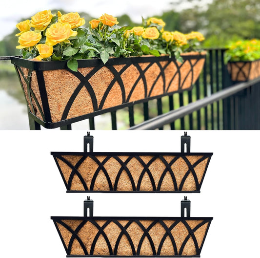 LaLaGreen Deck Railing Planter Boxes (30 Inch, 2 Pack) Wall Hanging Planters for Outdoor Plants, Black Metal Rectangular Window Flower Box with Coco Liner, Horse Trough Rail Fence Porch Patio Decor