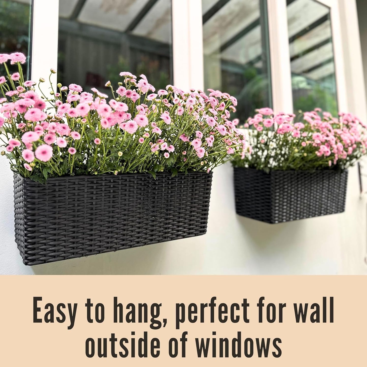 LaLaGreen Outdoor Wall Planters (20 Inch, 2 Pack) Wall Mounted Self Watering System Window Flower Boxes with Bracket, Black Rectangular Plant Pot Container Indoor Modern Garden Herb Kitchen Home Decor