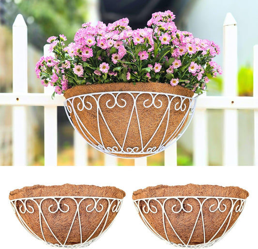 LaLaGreen Outdoor Wall Planters (2 Pack, 16 Inch) White Metal Wall Mounted Hanging Basket with Coco Liner, Large Flower Pot Plant Holder Planter for Fence Railing Deck Porch Balcony Modern Home Decor