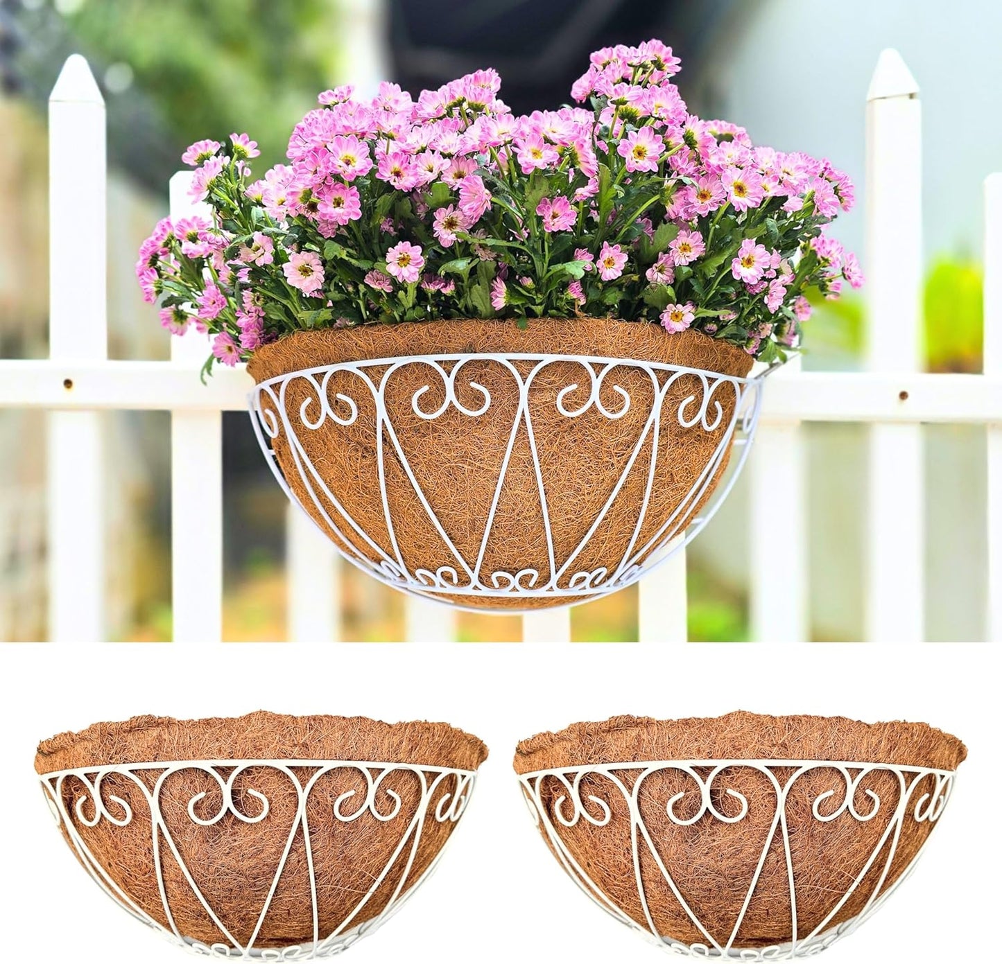 LaLaGreen Outdoor Wall Planters (2 Pack, 16 Inch) White Metal Wall Mounted Hanging Basket with Coco Liner, Large Flower Pot Plant Holder Planter for Fence Railing Deck Porch Balcony Modern Home Decor