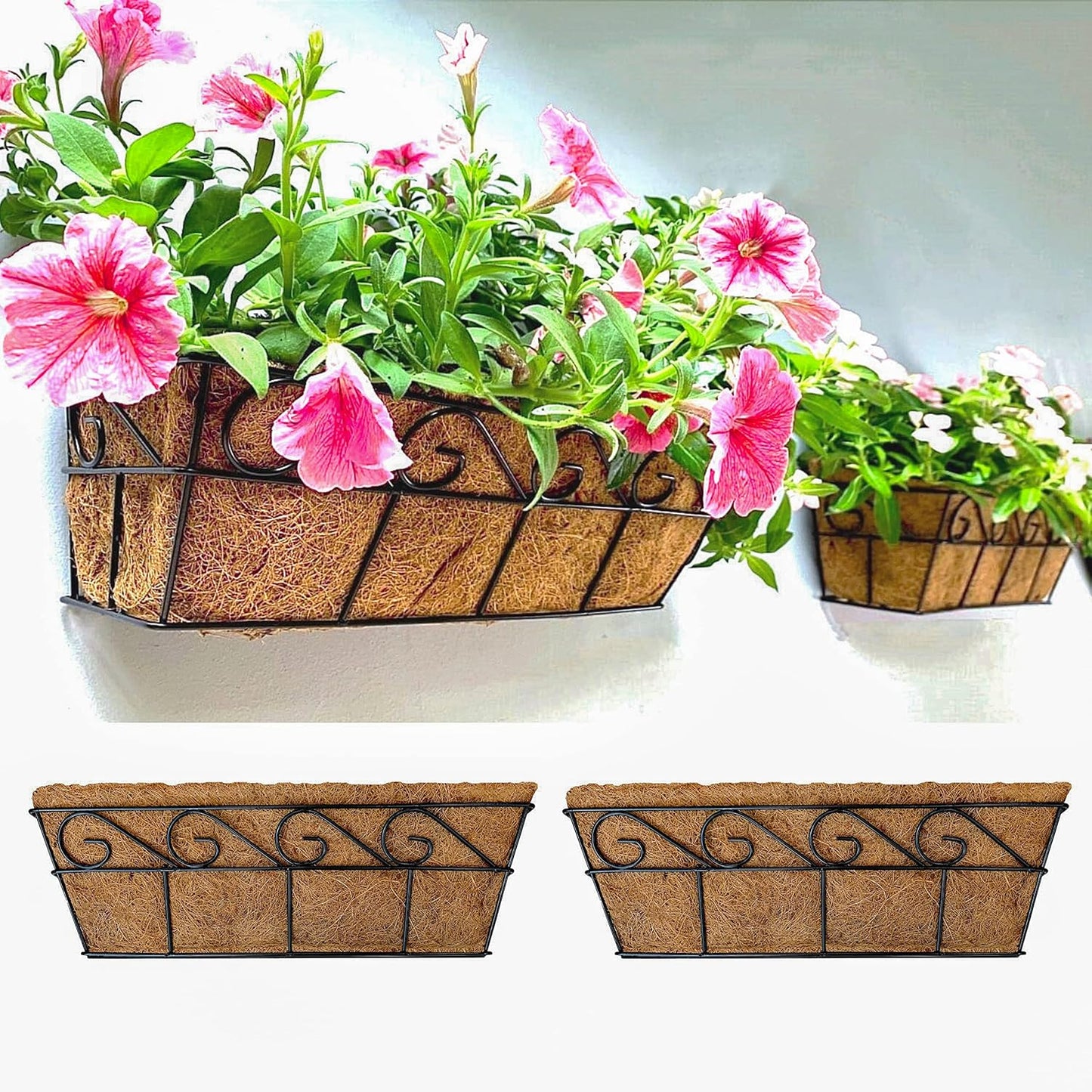 LaLaGreen Wall Mounted Planters - 16 Inch, 4 Pack Window Flower Boxes Basket Outdoor, Balcony Planter Over The Rail, Deck Railing Hanging with Coco Liners, Metal Horse Troughs Fence Patio Porch
