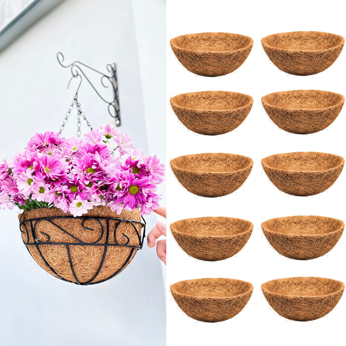 LaLaGreen 10'' (10 Pack, Round) Coconut Liners for Hanging Basket – Bulk Small Coco Coir Fiber Replacement for Pot, Garden Holder, Outdoor Planter – Multi Sizes 10/12/14/16/18/20’’ & Different Shapes
