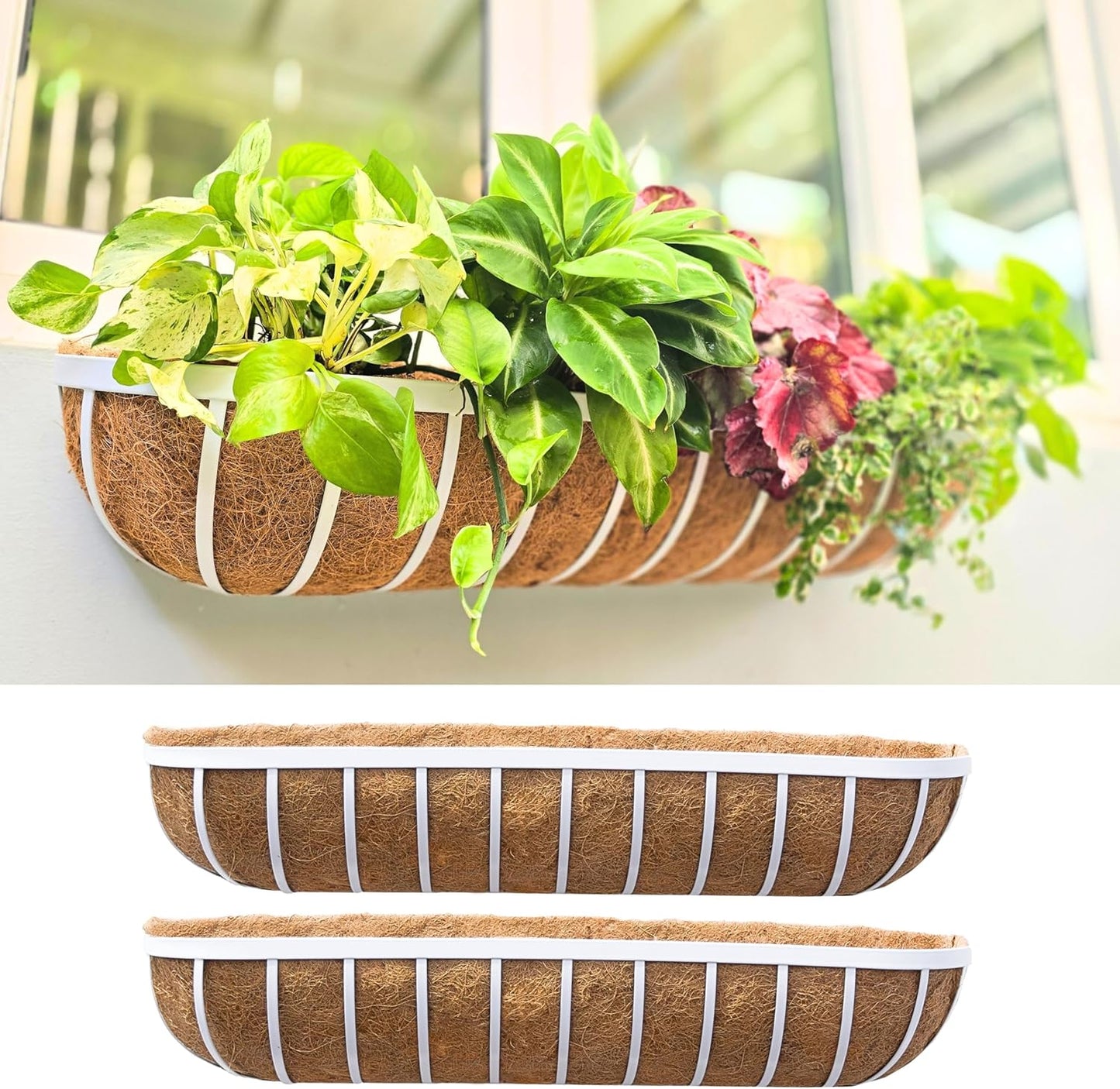 LaLaGreen Window Planter Box (16 Inch, 2 Pack) White Metal Deck Railing Flower Boxes with Coco Liners, Rectangular Wall Planters for Outdoor Plants Horse Troughs Fence Balcony Garden Herb Patio Porch