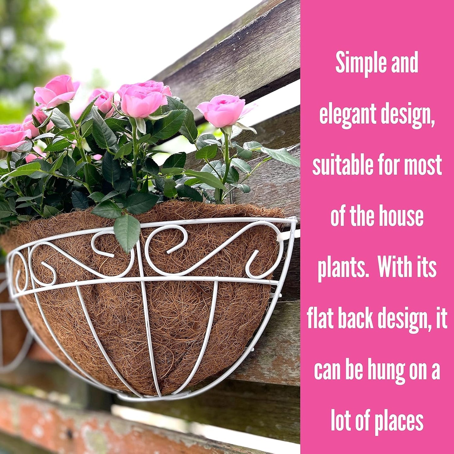 LaLaGreen Wall Mounted Flower Baskets (2 Pack, 12 Inch) Wall Hanging Planter with Coco Liner for Outdoor Plants, White Metal Wire Elegant Herb Pots Holder Fence Railing Deck Porch Balcony Garden Patio