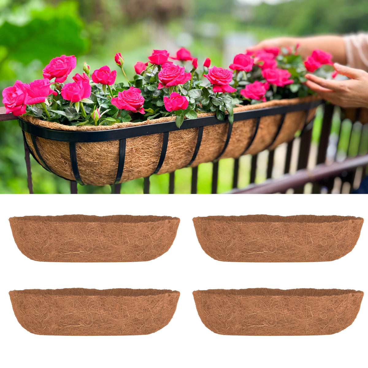 LaLaGreen 24" (4 Pack, Half Rounded Rectangular) Coir Fiber Liners – Large Coconut Husk Replacement for Wall-Mounted Hanging Planters, Outdoor Window Box, Pots Shapes
