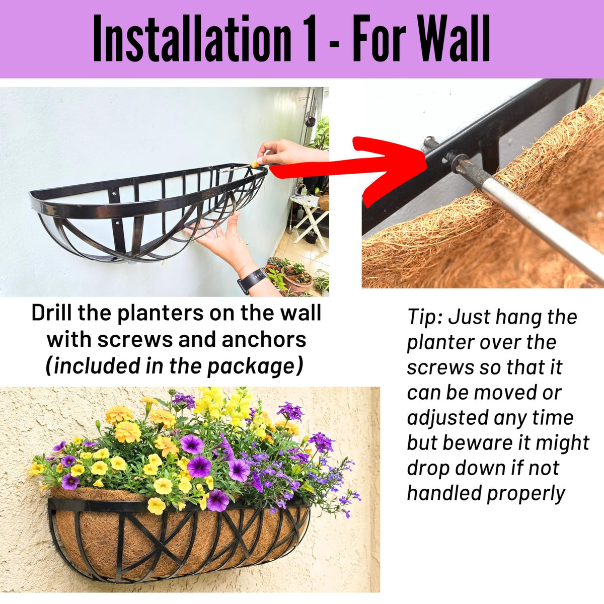 LaLaGreen Metal Wall Planter (30 in, 2 Pack) Black Window Box Holder