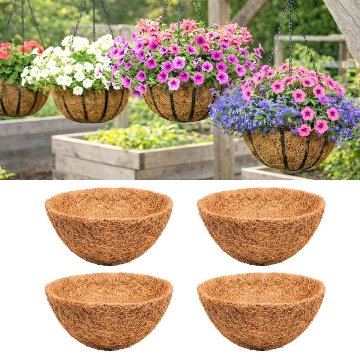 LaLaGreen 16" (4 Pack, Round) Coco Liners for Hanging Basket – Medium Coir Replacement for Garden Pot, Outside Planter Holder, Farmhouse Decor – Multi Sizes 8/10/12/14/18/20 Inch & Different Shapes