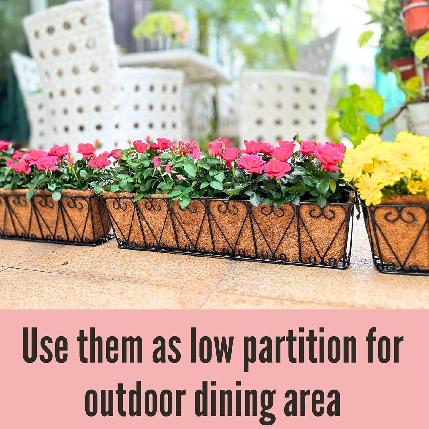 LaLaGreen Large Rail Planters - 2 Pack, 24 Inch Wall Hanging Basket with Coco Liner Deck Railing Hanging Window Flower Box Outdoor Black Metal Trough Plant Holder Fence Balcony Patio Porch Garden