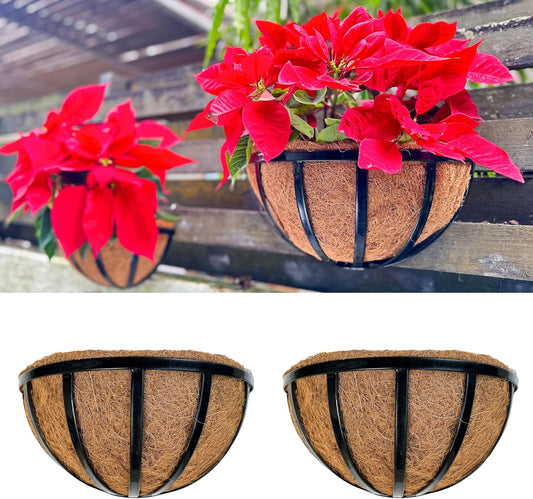 LalaGreen Wall Planters (2 Pack, 16 Inch) Black Metal Deck Railing Planter Boxes with Coco Liners, Window Flower Box for Outdoor Plants, Modern Horse Trough Fence, Balcony, Herb Patio Porch Over Rail