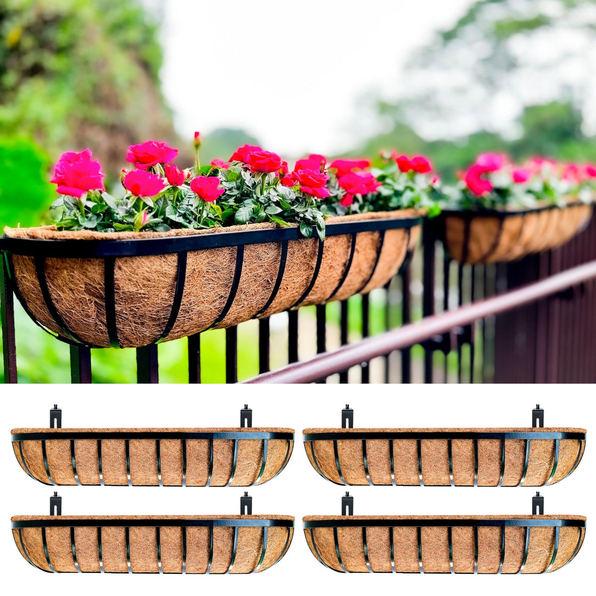 LaLaGreen Deck Railing Planter Boxes (16 Inch, 2 Pack) Black Metal Rectangular Hanging Planters with Coco Liner, Adjustable Flower Planter Box Brackets for Plants Fence Balcony Patio Porch Over Rail