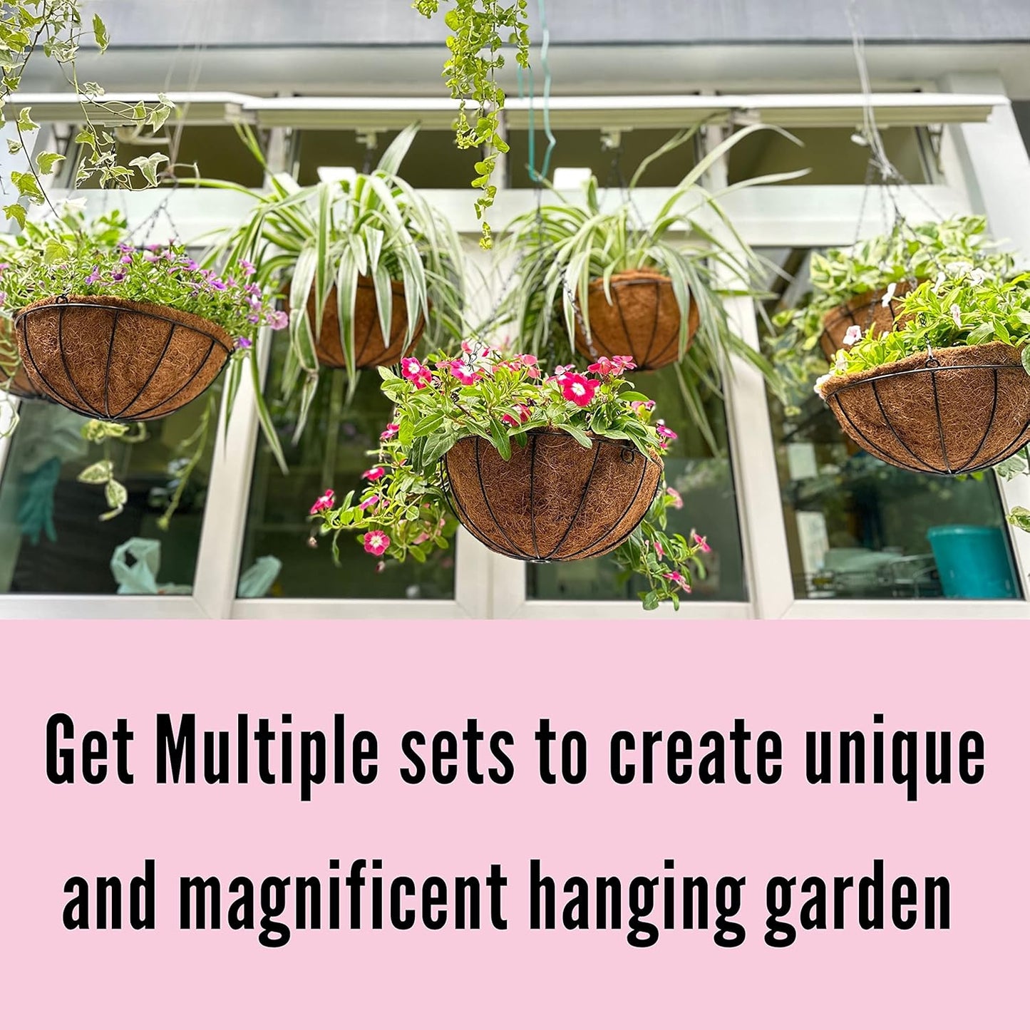 LaLaGreen Hanging Baskets for Plants Outdoor (16 Inch, 10 Pack) Extra Large Hanging Planter with Coco Liner, Round Metal Wire Flower Pot Holder Hanger Deck Porch Garden Balcony Natural Country Decor