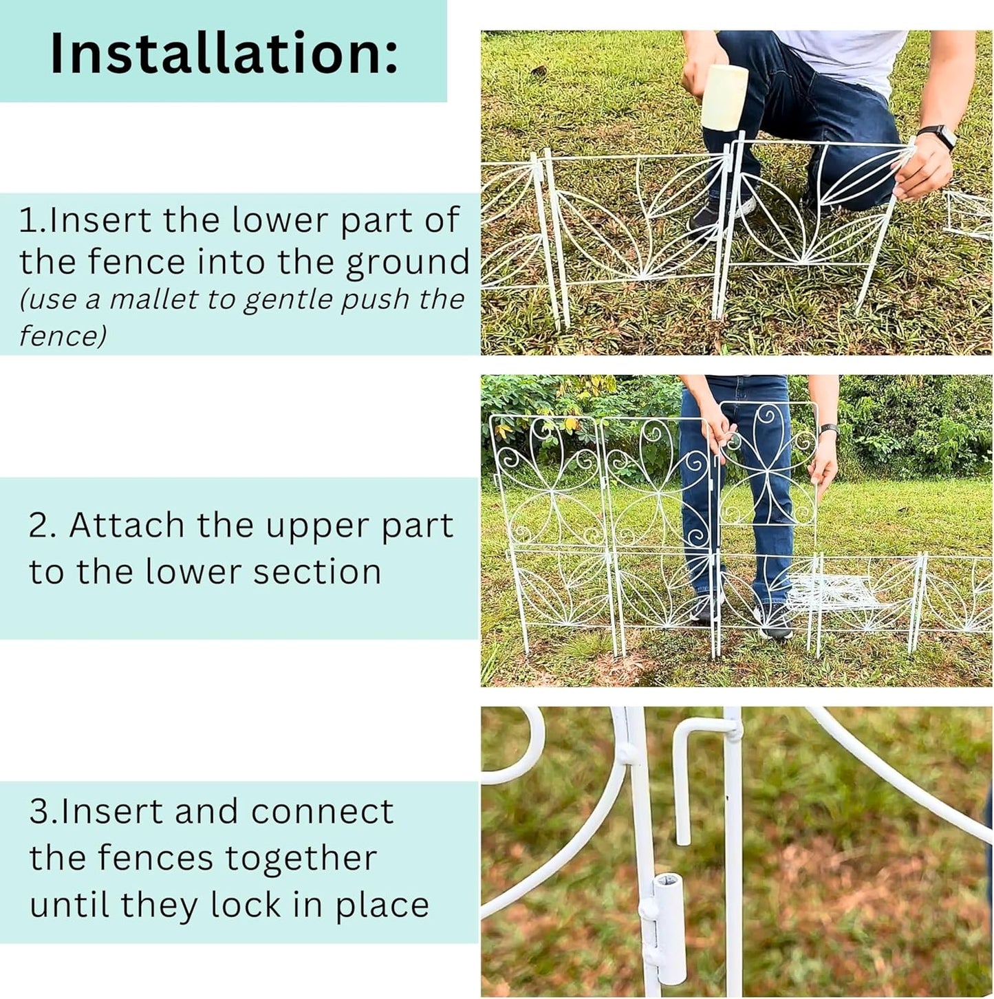 ShopLaLa Decorative Garden Fence (10 Panels) 12.5in(L) x 31in(H) Animal Barrier Fencing Rustproof White Metal Wire Flower Edging for Landscape, Small Dog Yard Gates Fences Tall No Dig Outdoor D-F30C