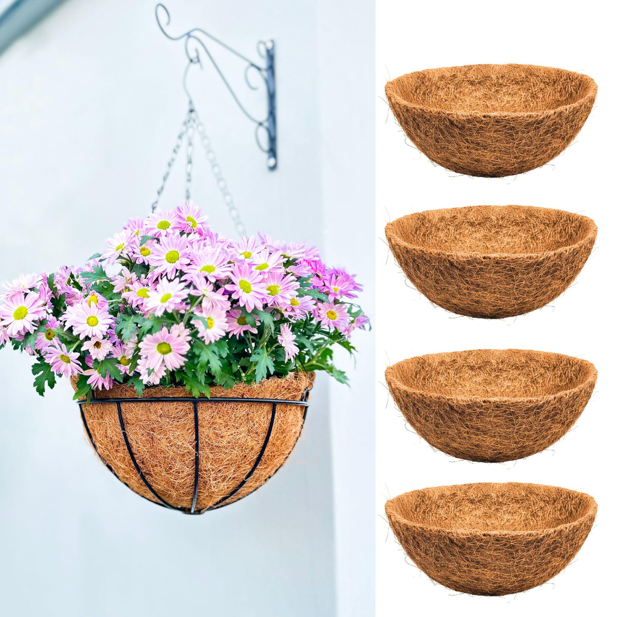LaLaGreen 8'' (4 Pack, Round) Coco Liners for Hanging Basket – Small Coir Fiber Replacement for Flower Pot, Garden Holder, DIY Outdoor Planter – Multi Sizes 10/12/14/16/18/20 Inch & Different Shapes