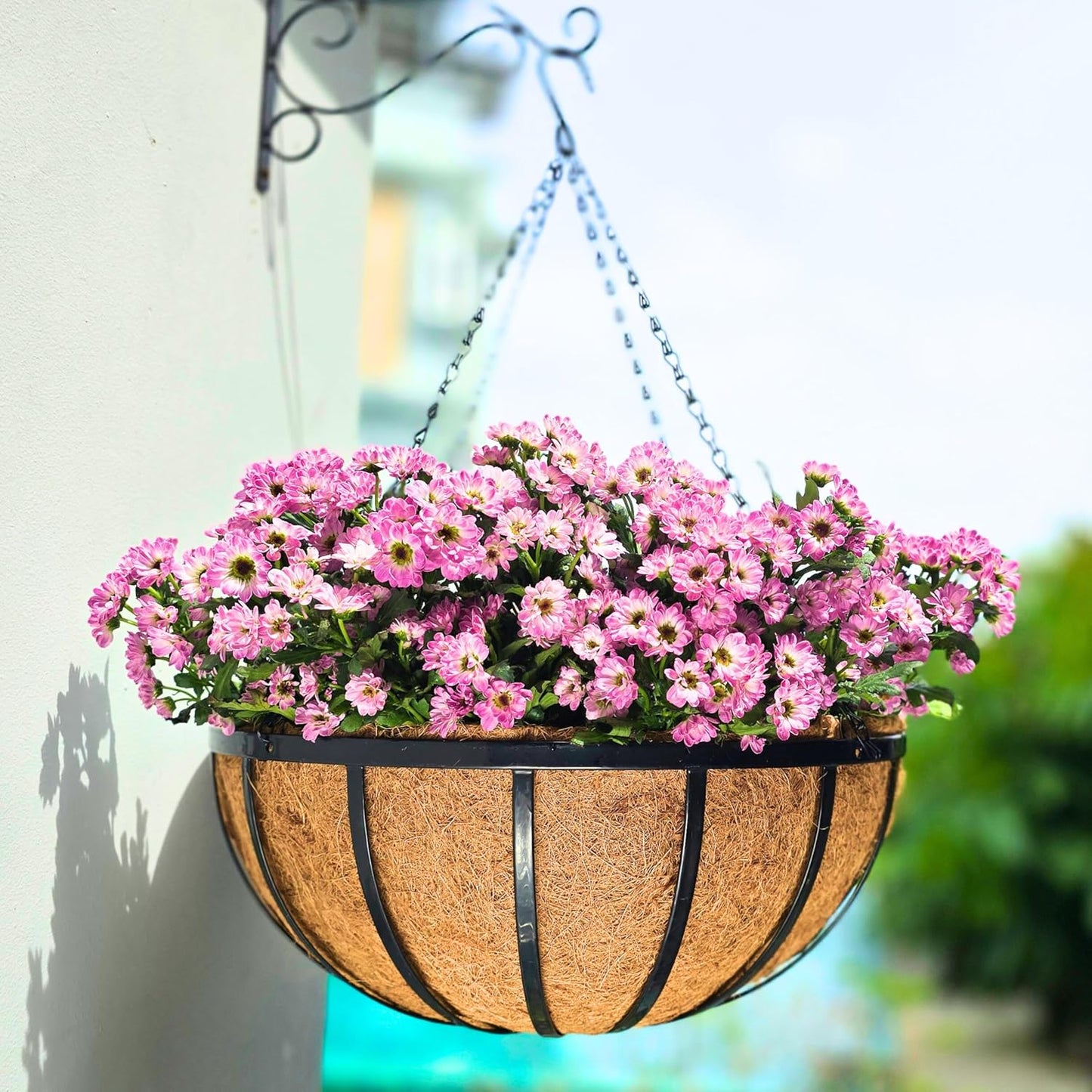 LaLaGreen Outdoor Hanging Baskets for Plants (2 Pack, 18 Inch) Extra Large Black Metal Flat Iron Hanging Planters with Coco Liner Round Flower Pot Holder Hanger Deck Porch Modern Garden Balcony Decor