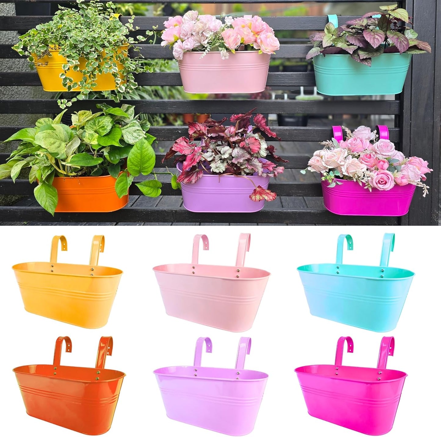 LaLaGreen Outdoor Hanging Planter (11.2 Inch, 6 Pack) Light Blue, Green, Neon Pink, Dark Blue, Orange, Peachy Pink Metal Iron Window Box Flower Pot Deck Railings Fence Rails Buckets Porch Garden Decor